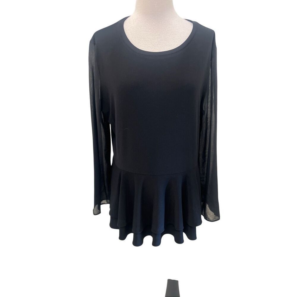 DKNY Women's Semi Sheer Long Sleeve Ruffled Hem Peplum Top Black Size Large